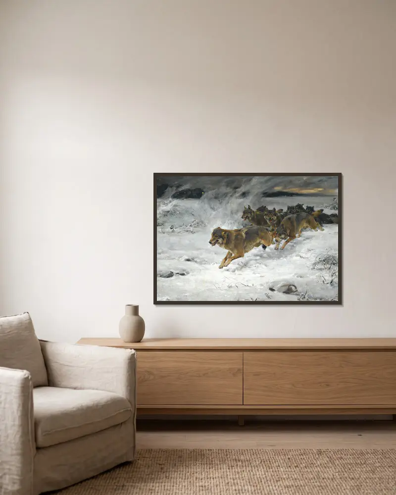 A Pack Of Wolves av Alfred von Wierusz-Kowalski inramad på en vägg