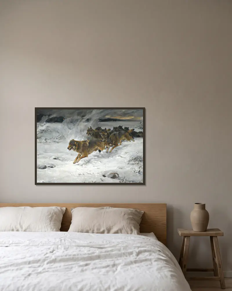 A Pack Of Wolves av Alfred von Wierusz-Kowalski inramad på en vägg