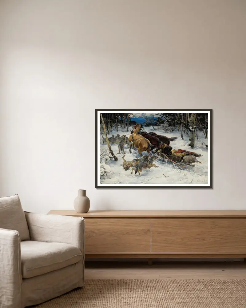 Ein Schlitten, angegriffen von Wölfen von Alfred von Wierusz-Kowalski gerahmt an einer Wand