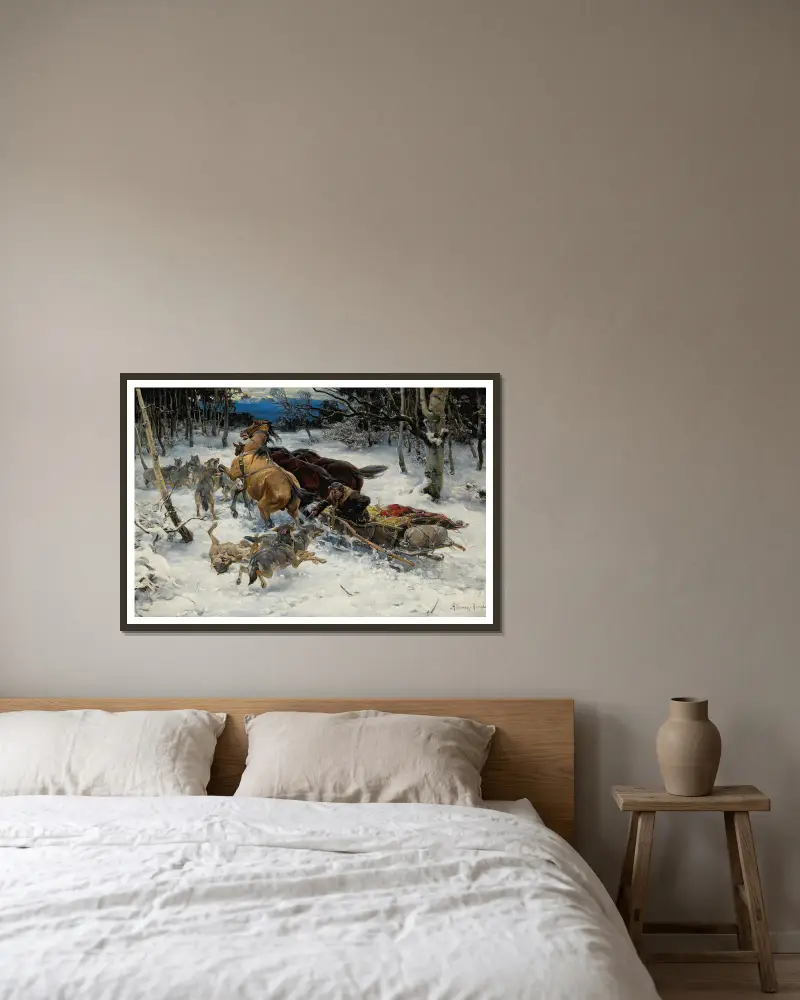 Ein Schlitten, angegriffen von Wölfen von Alfred von Wierusz-Kowalski gerahmt an einer Wand