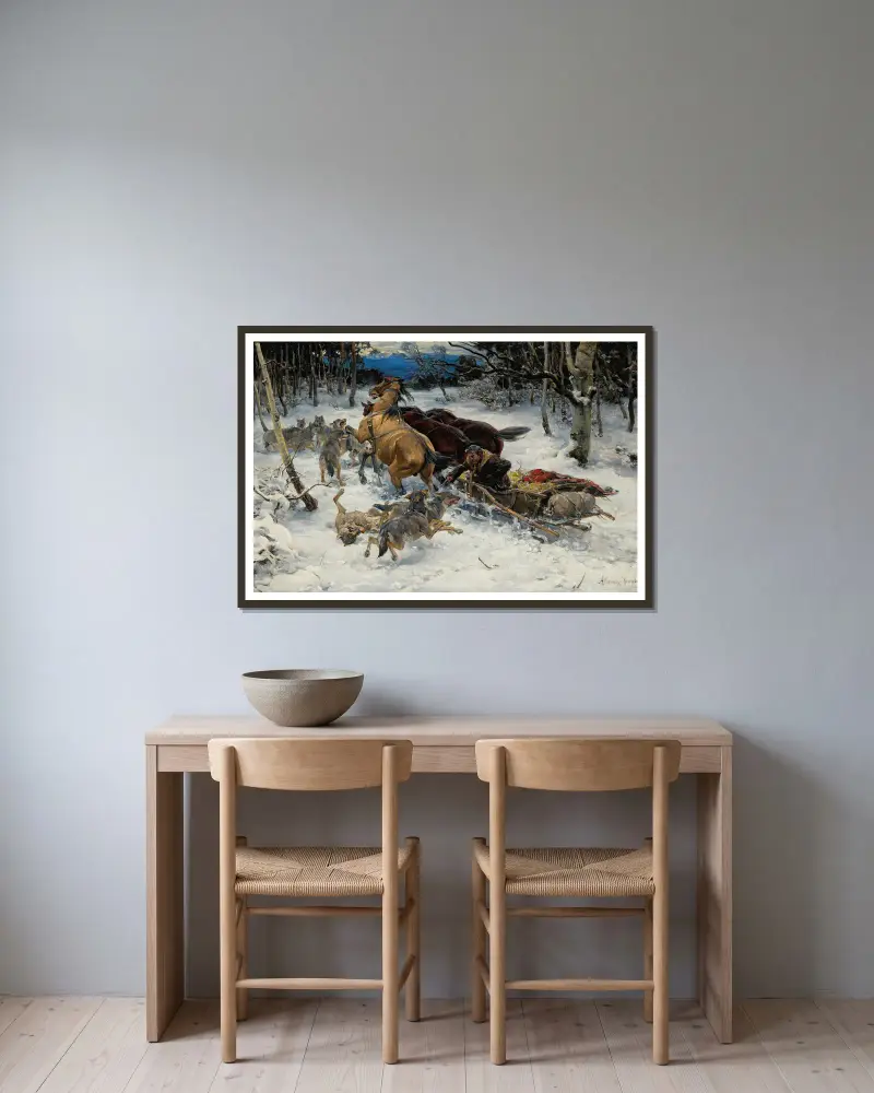 Ein Schlitten, angegriffen von Wölfen von Alfred von Wierusz-Kowalski gerahmt an einer Wand