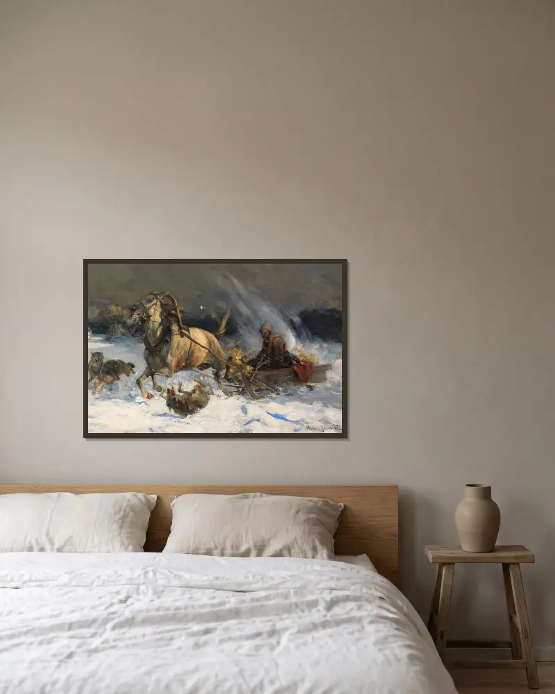 Angriff der Wölfe von Alfred von Wierusz-Kowalski gerahmt an einer Wand