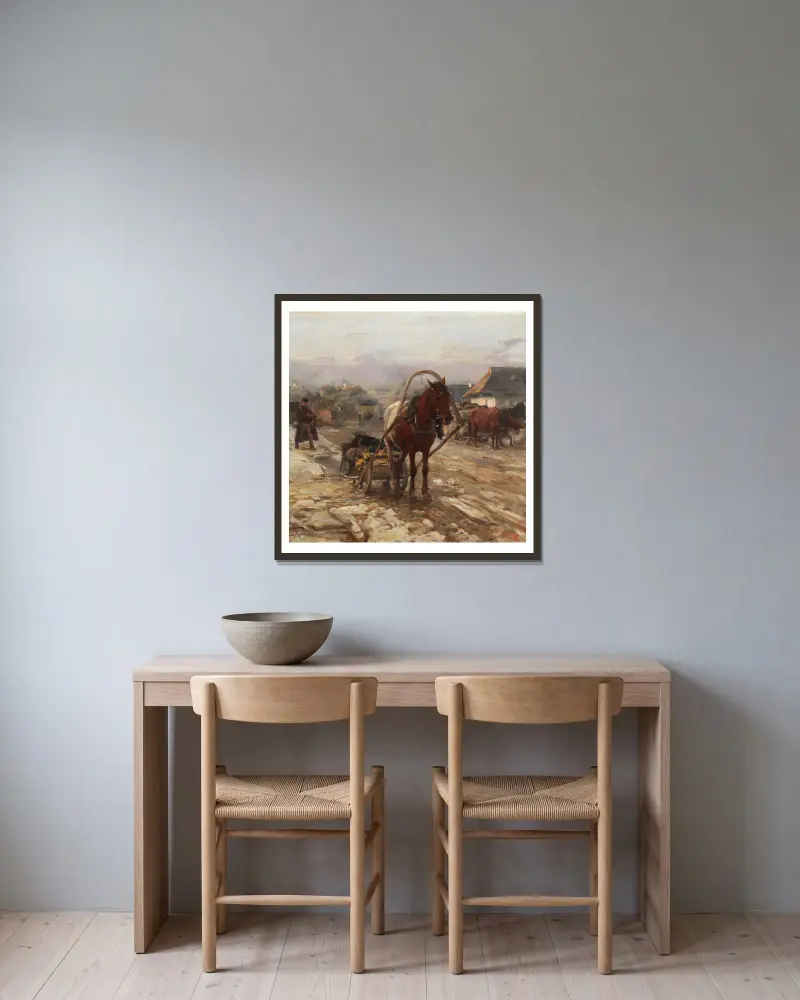 Horse And Cart On The Village Street av Alfred von Wierusz-Kowalski inramad på en vägg
