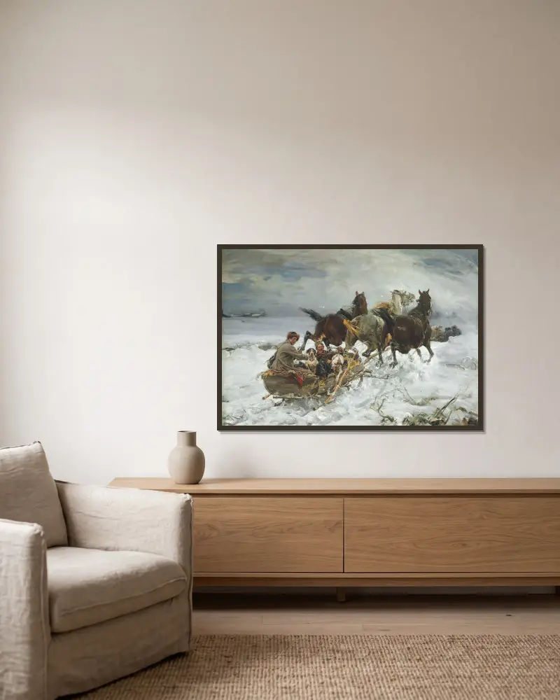 Horse-Drawn Sleigh av Alfred von Wierusz-Kowalski inramad på en vägg