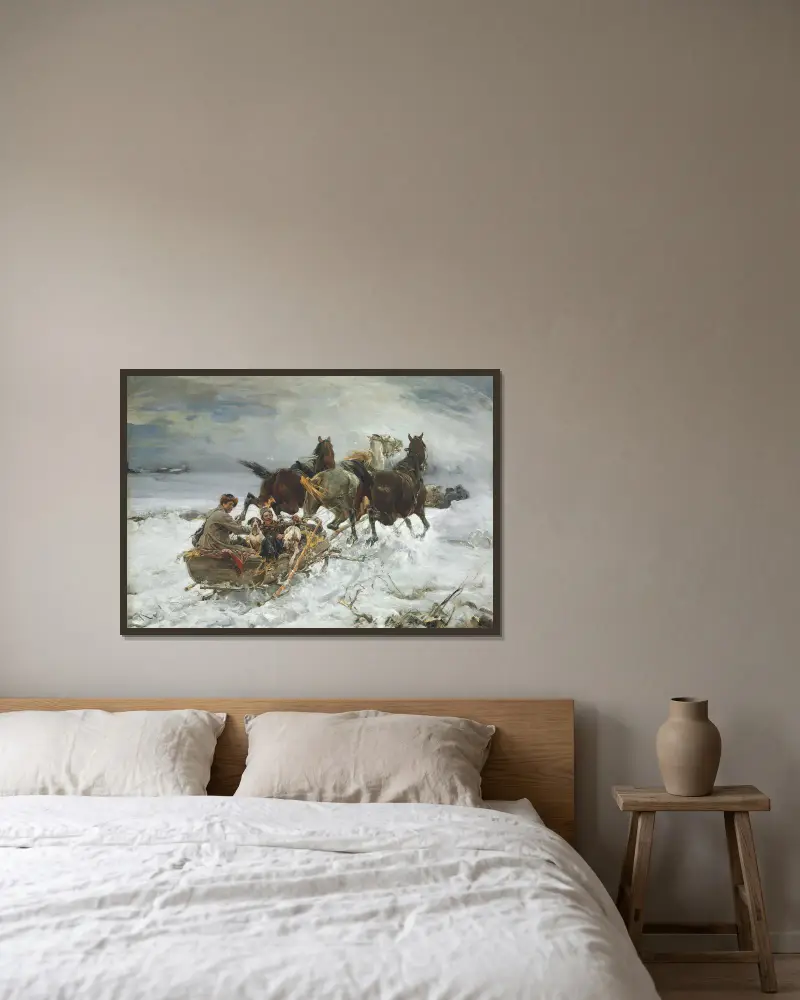 Horse-Drawn Sleigh av Alfred von Wierusz-Kowalski inramad på en vägg