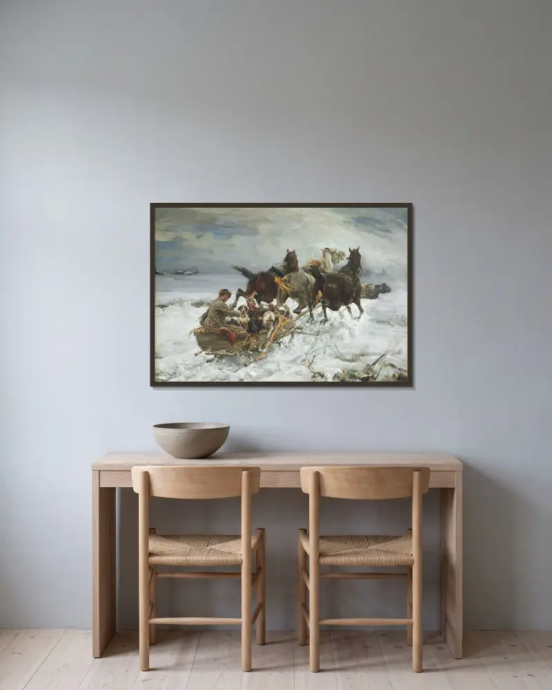 Horse-Drawn Sleigh av Alfred von Wierusz-Kowalski inramad på en vägg