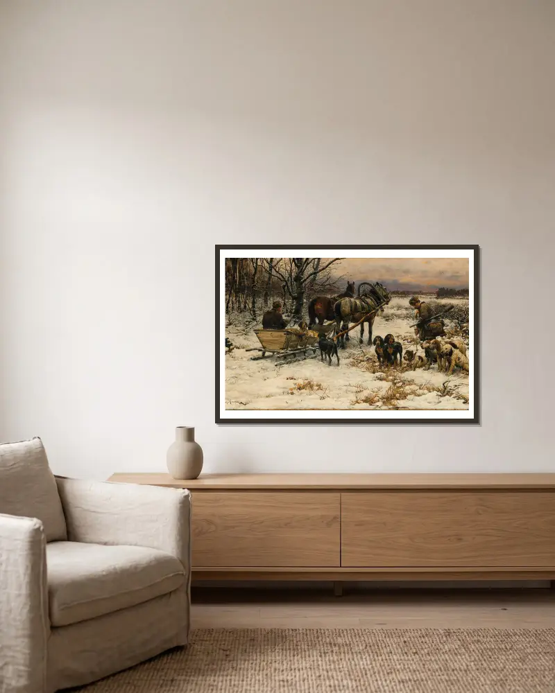 Off to the Winter Hunt av Alfred von Wierusz-Kowalski inramad på en vägg
