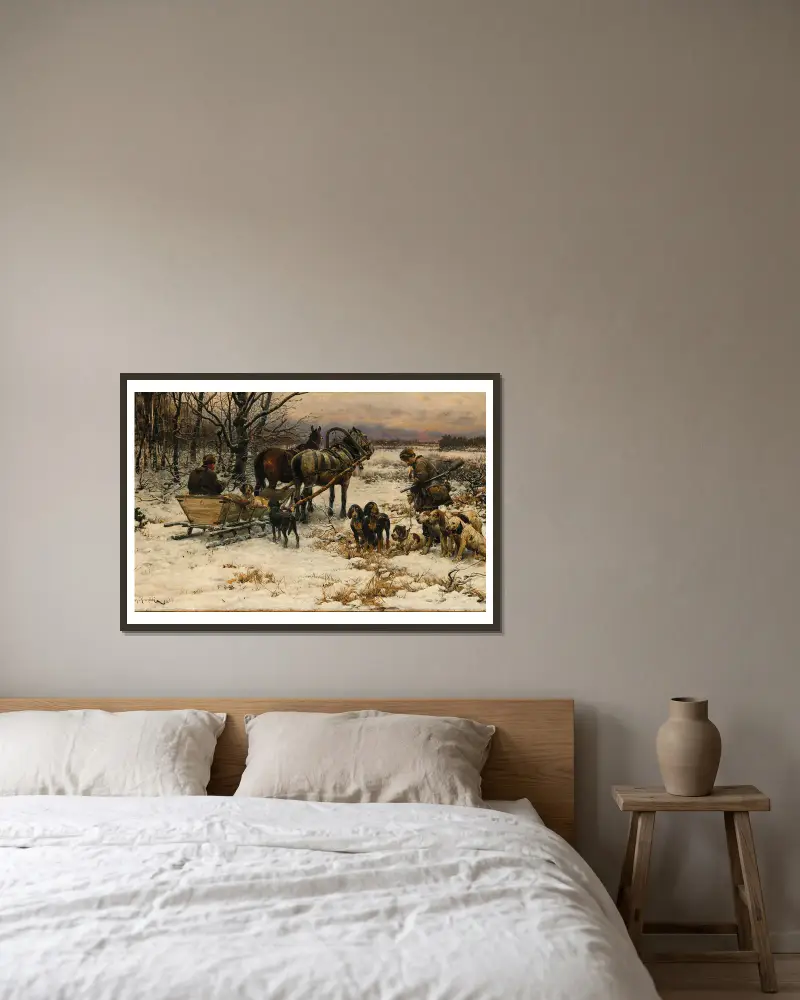 Off to the Winter Hunt av Alfred von Wierusz-Kowalski inramad på en vägg