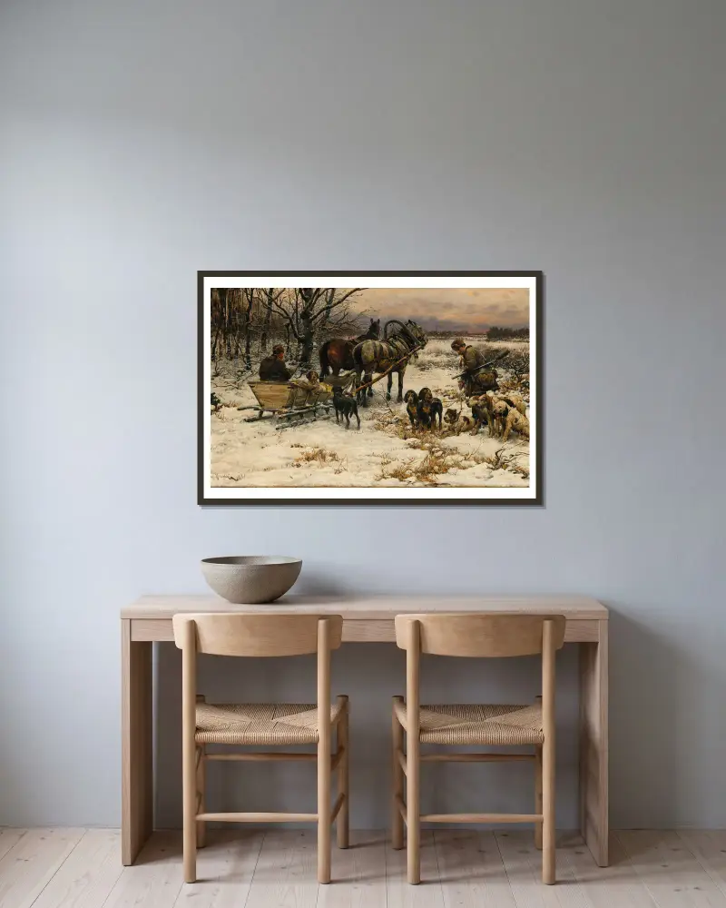 Off to the Winter Hunt av Alfred von Wierusz-Kowalski inramad på en vägg
