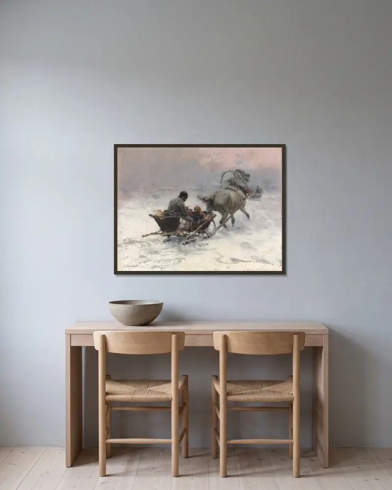 Schlittenfahrt von Alfred von Wierusz-Kowalski gerahmt an einer Wand
