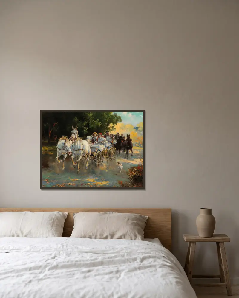 Das Bauernhochzeitsfest von Alfred von Wierusz-Kowalski gerahmt an einer Wand