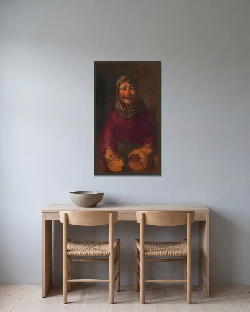 Gammal kvinna med trasig kruka av Wilhelm Busch inramad på en vägg