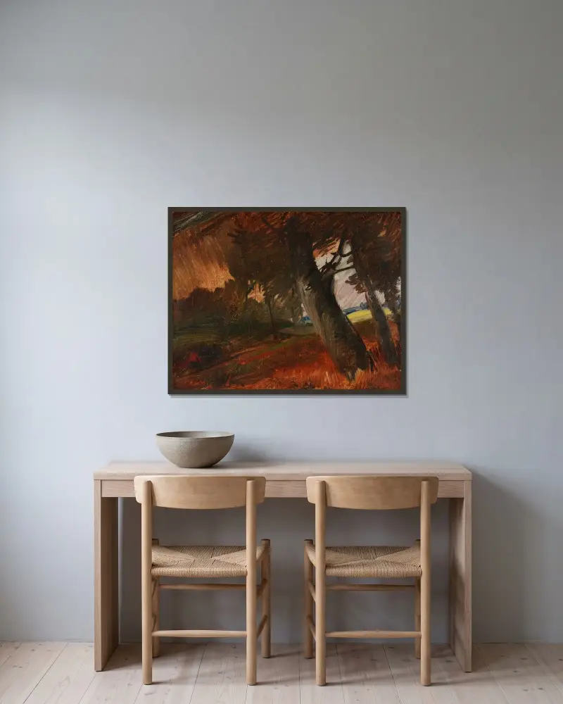 Trädstammar med röd jacka av Wilhelm Busch inramad på en vägg