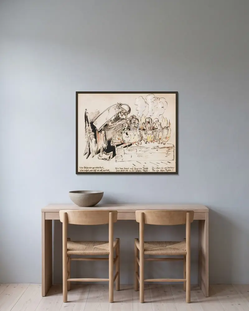 Straffet för olydiga barn (Max & Moritz) av Wilhelm Busch inramad på en vägg