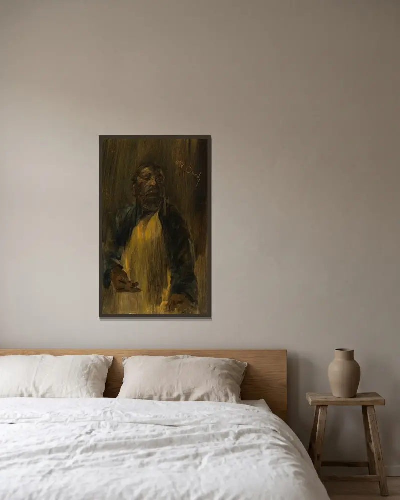 En tiggare av Wilhelm Busch inramad på en vägg