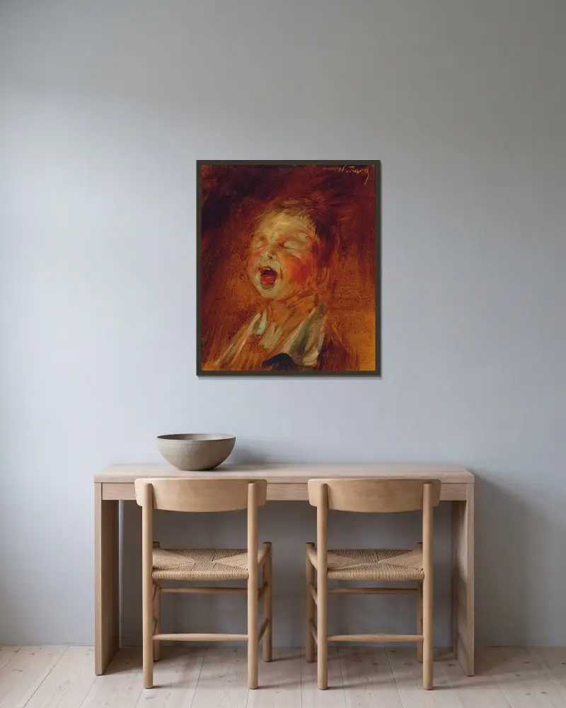 Schreiender Knabe von Wilhelm Busch gerahmt an einer Wand