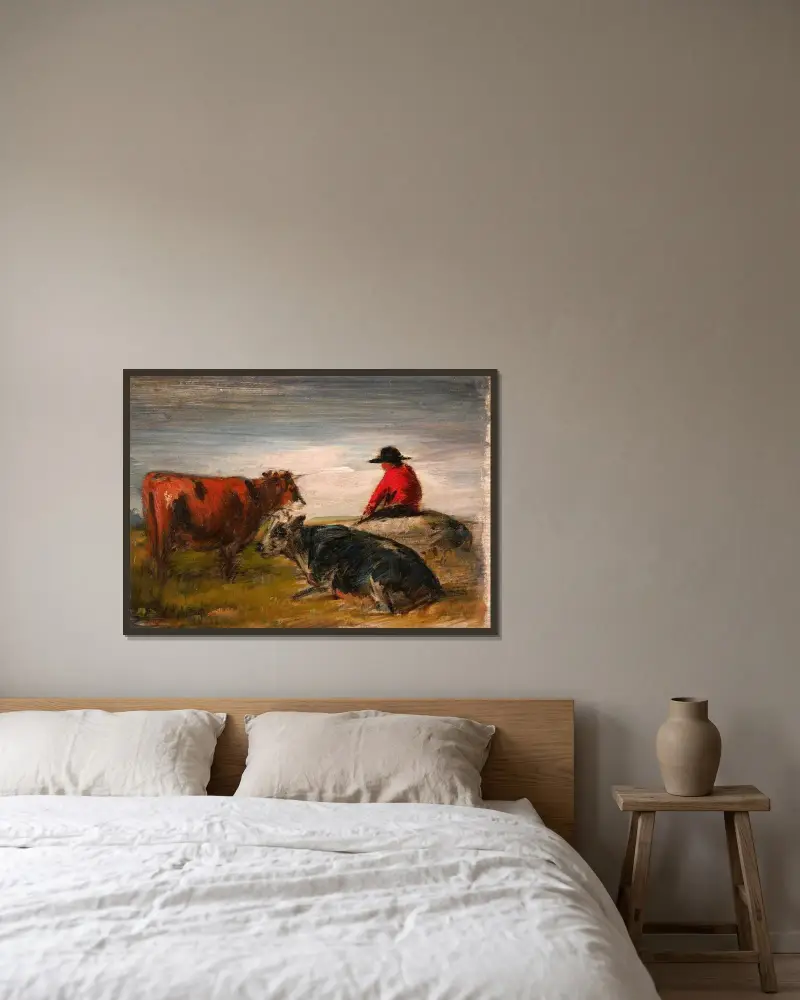 Herde med kor av Wilhelm Busch inramad på en vägg