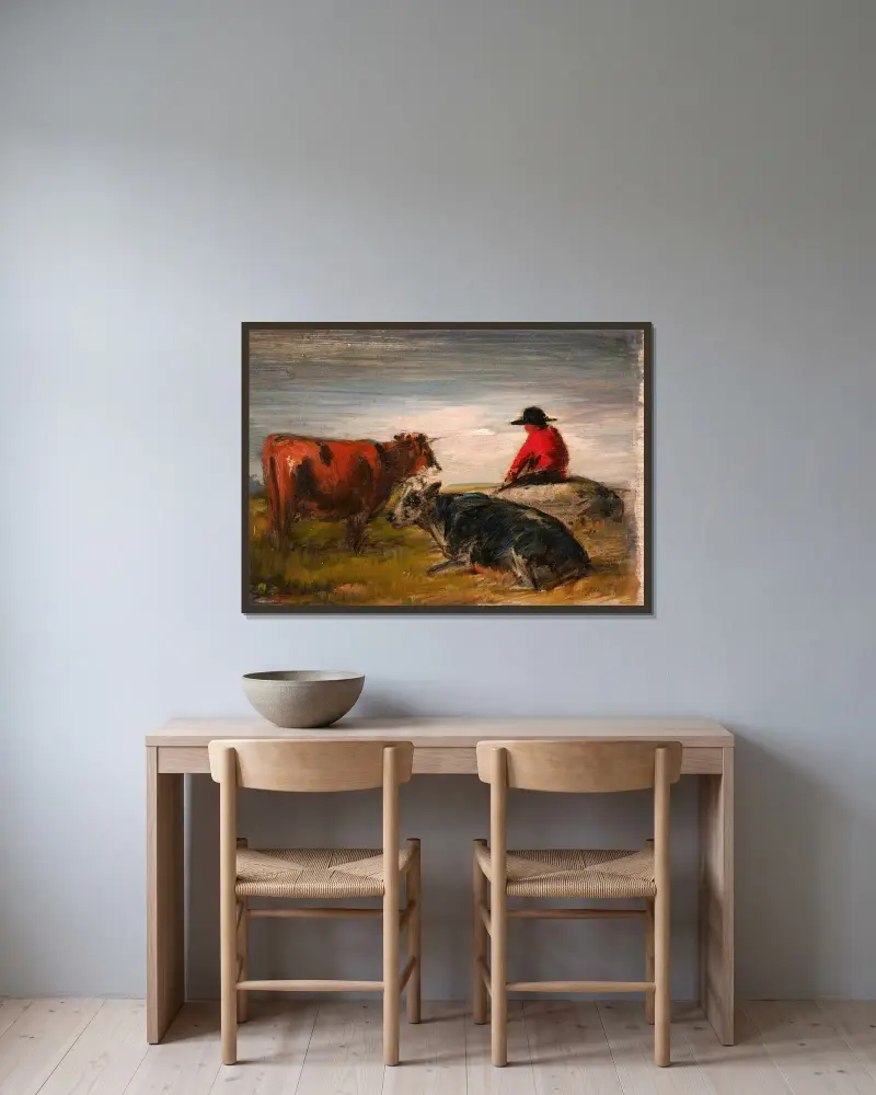 Herde med kor av Wilhelm Busch inramad på en vägg