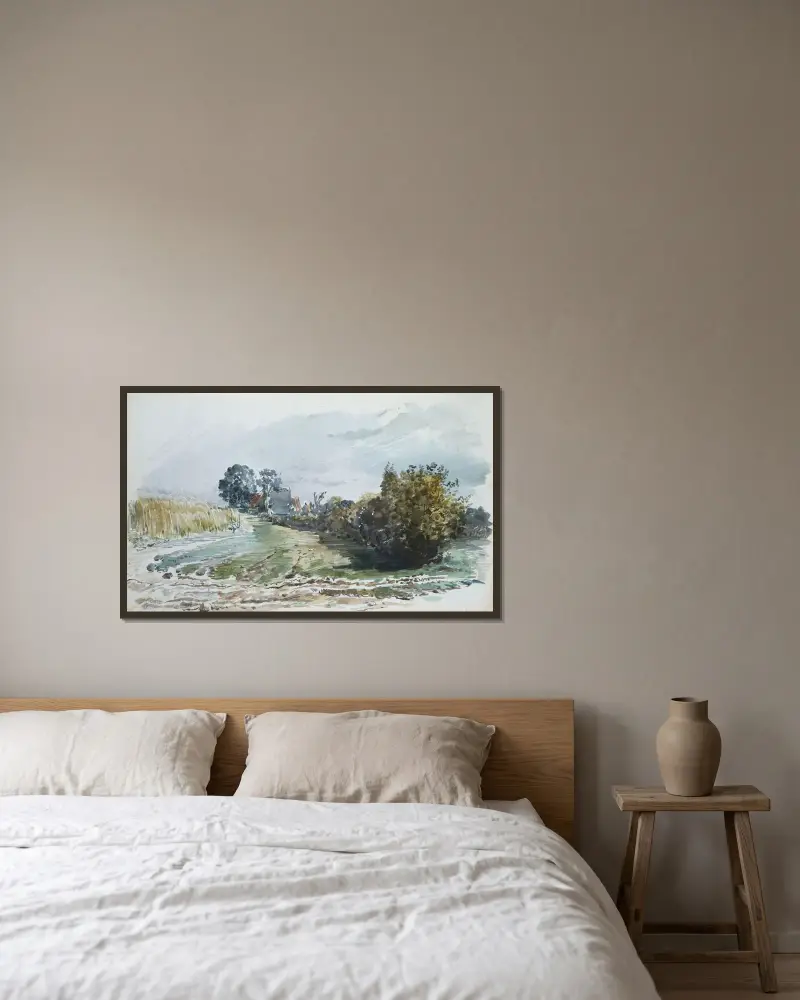 Väg mellan kornfält och buskar med kåtor i bakgrunden av Wilhelm Busch inramad på en vägg