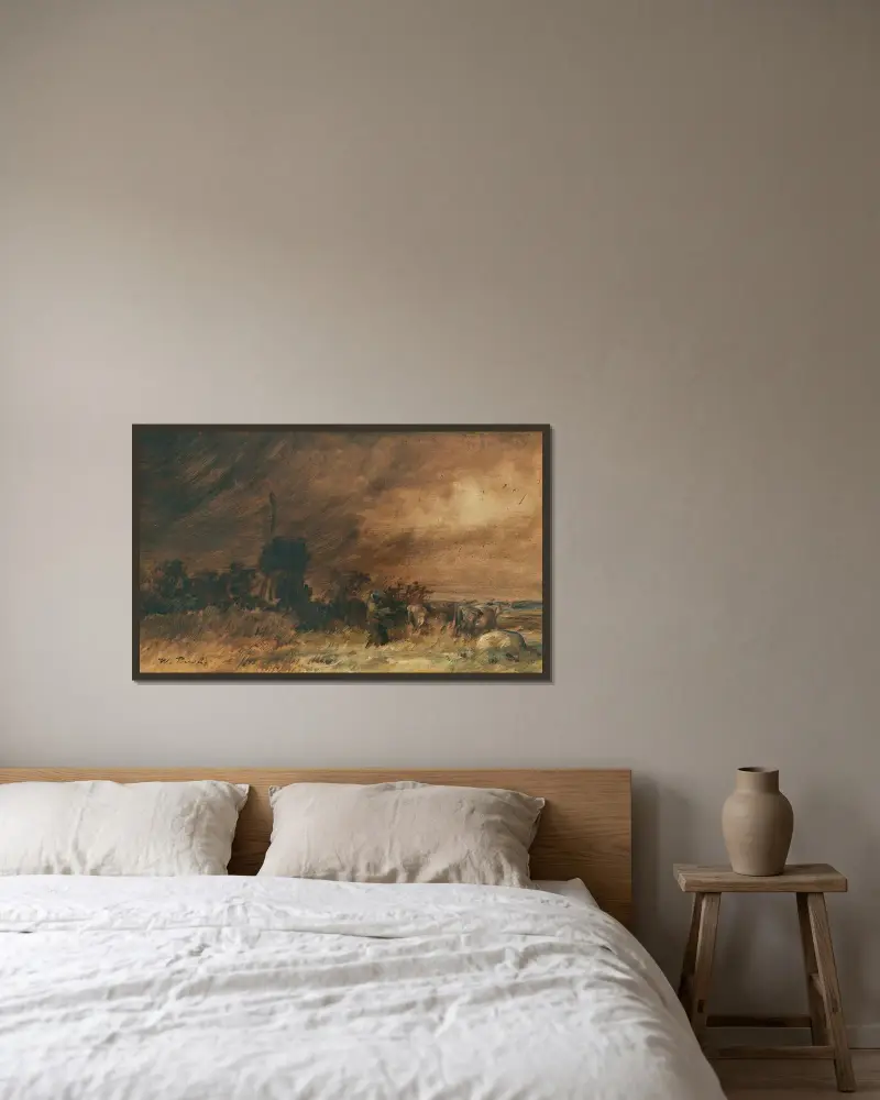 Wiedensahler Bockmühle vid uppstigande storm av Wilhelm Busch inramad på en vägg