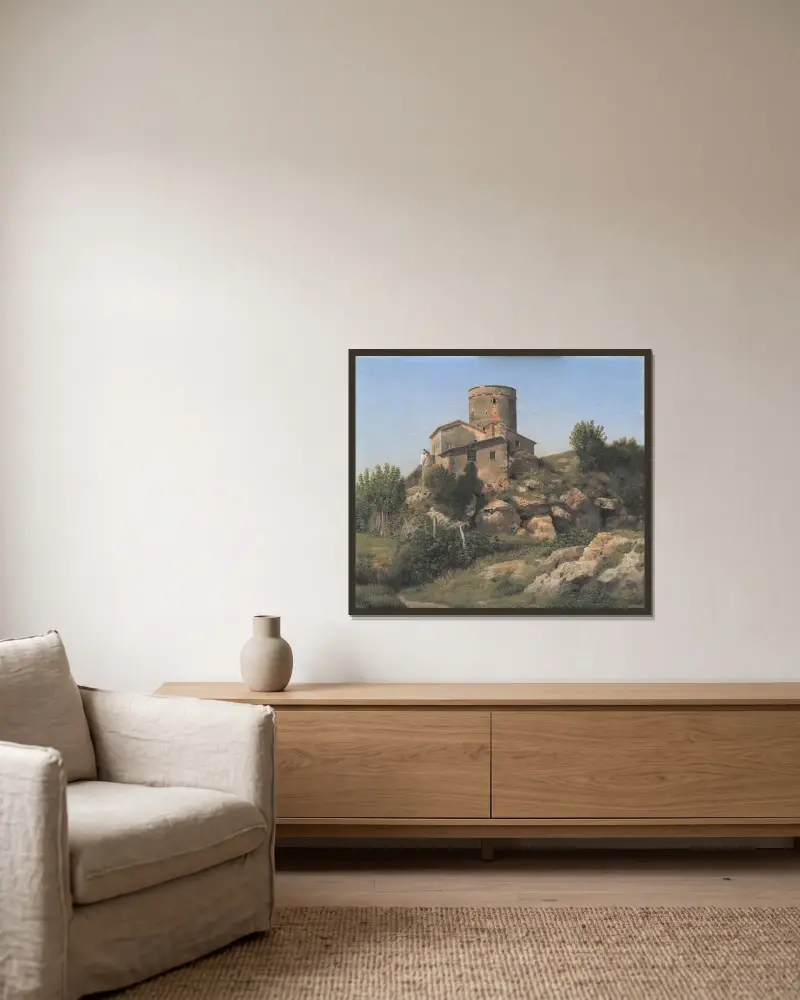 En byggnad nära Tor di Quinto utanför Rom av Christoffer Wilhelm Eckersberg inramad på en vägg