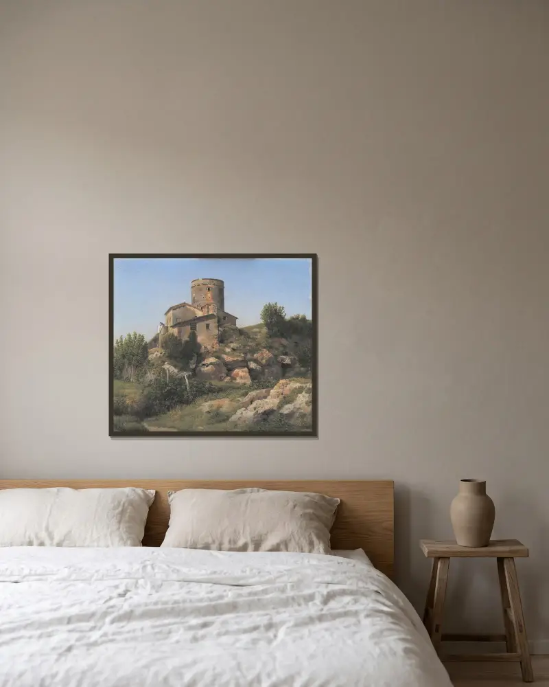 En byggnad nära Tor di Quinto utanför Rom av Christoffer Wilhelm Eckersberg inramad på en vägg