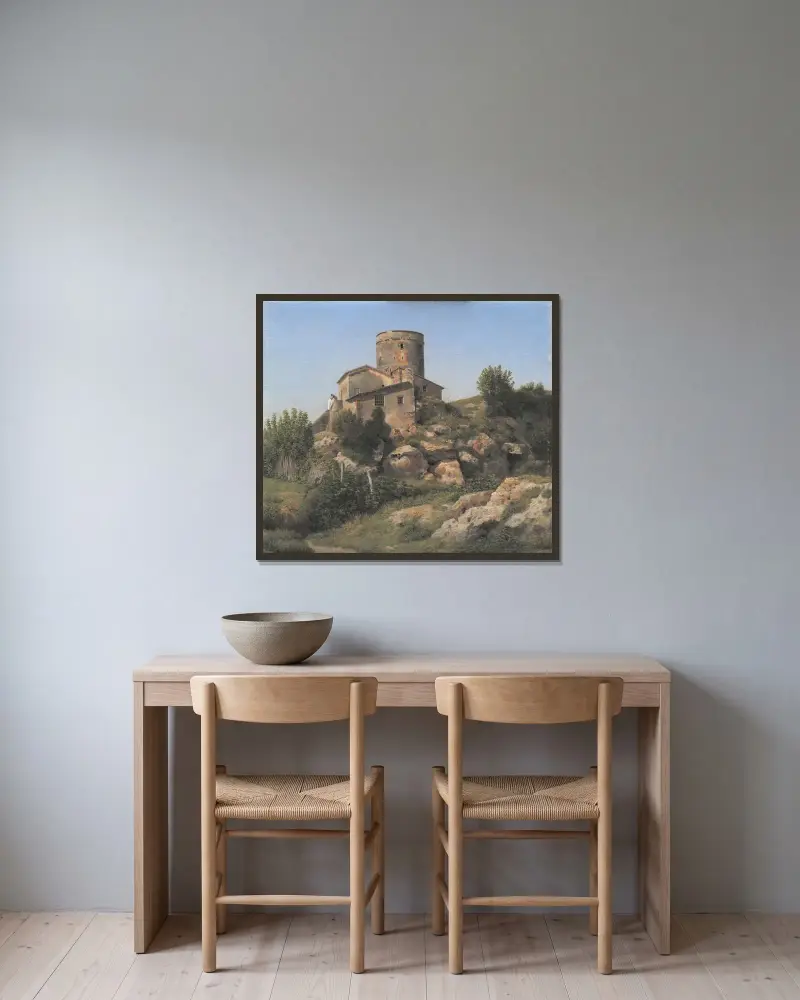 En byggnad nära Tor di Quinto utanför Rom av Christoffer Wilhelm Eckersberg inramad på en vägg