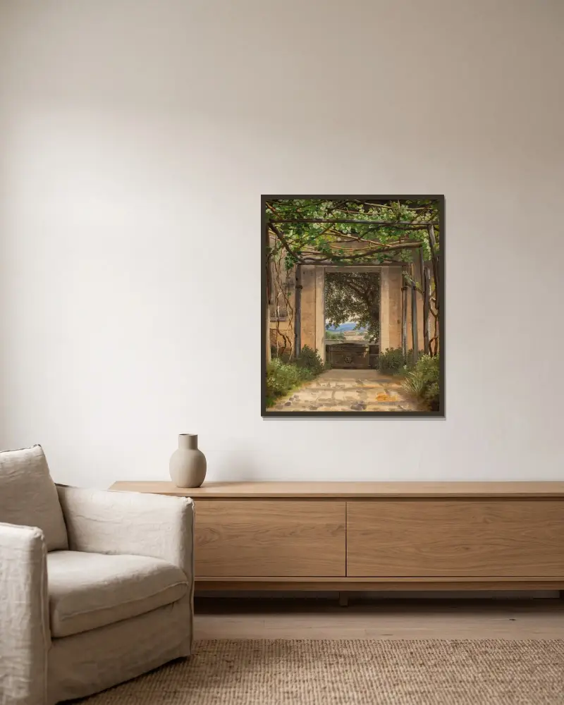 En pergola, Italien av Christoffer Wilhelm Eckersberg inramad på en vägg
