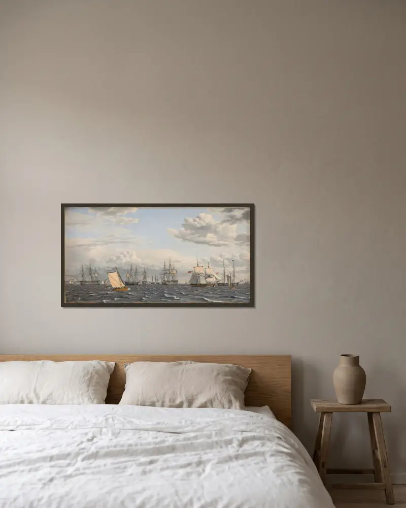 Eine russische Flotte vor Anker bei Helsingör von Christoffer Wilhelm Eckersberg gerahmt an einer Wand