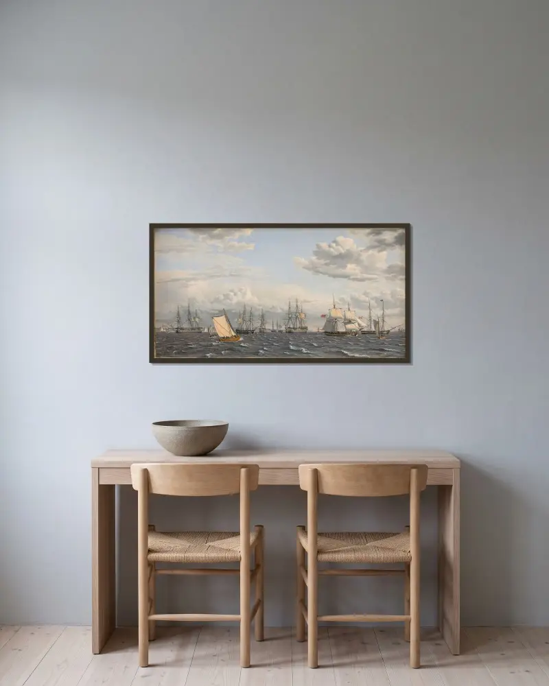 Eine russische Flotte vor Anker bei Helsingör von Christoffer Wilhelm Eckersberg gerahmt an einer Wand