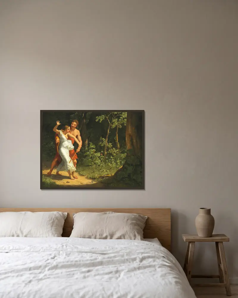 Eine Verführungsszene im Wald von Christoffer Wilhelm Eckersberg gerahmt an einer Wand