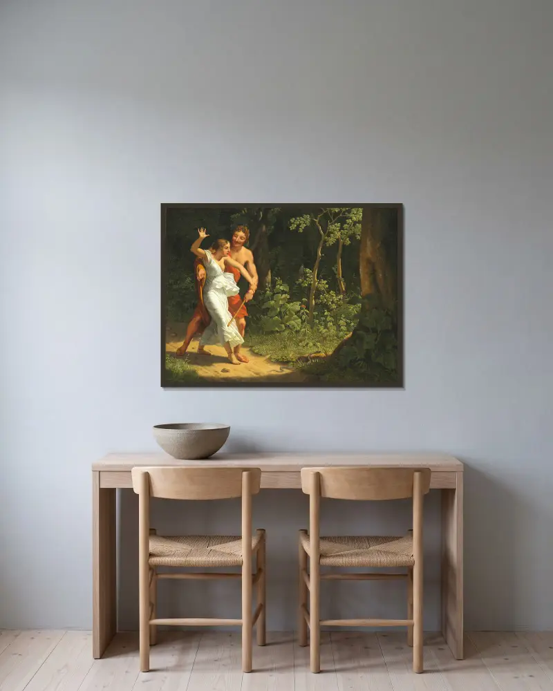 Eine Verführungsszene im Wald von Christoffer Wilhelm Eckersberg gerahmt an einer Wand
