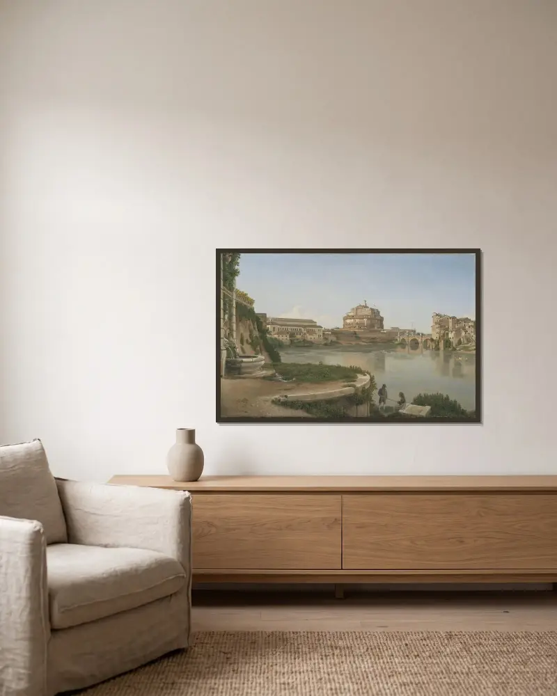Utsikt över Tibern från Trastevere mot Castel S. Angelo av Christoffer Wilhelm Eckersberg inramad på en vägg