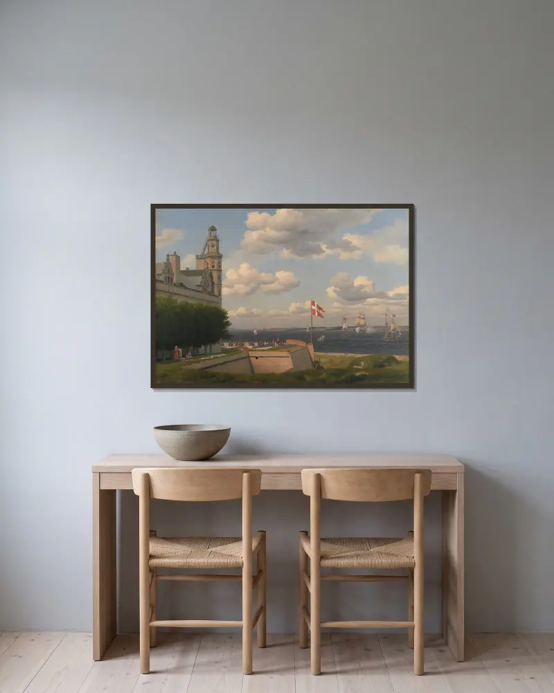 Utsikt mot den svenska kusten från Kronborgs slottsvallar av Christoffer Wilhelm Eckersberg inramad på en vägg