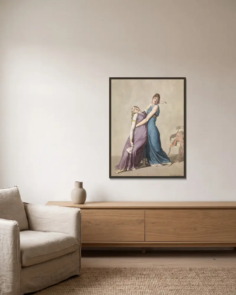 Eine Frau stützt eine andere Frau, die nach dem Lesen eines Briefes in Ohnmacht gefallen ist von Christoffer Wilhelm Eckersberg gerahmt an einer Wand