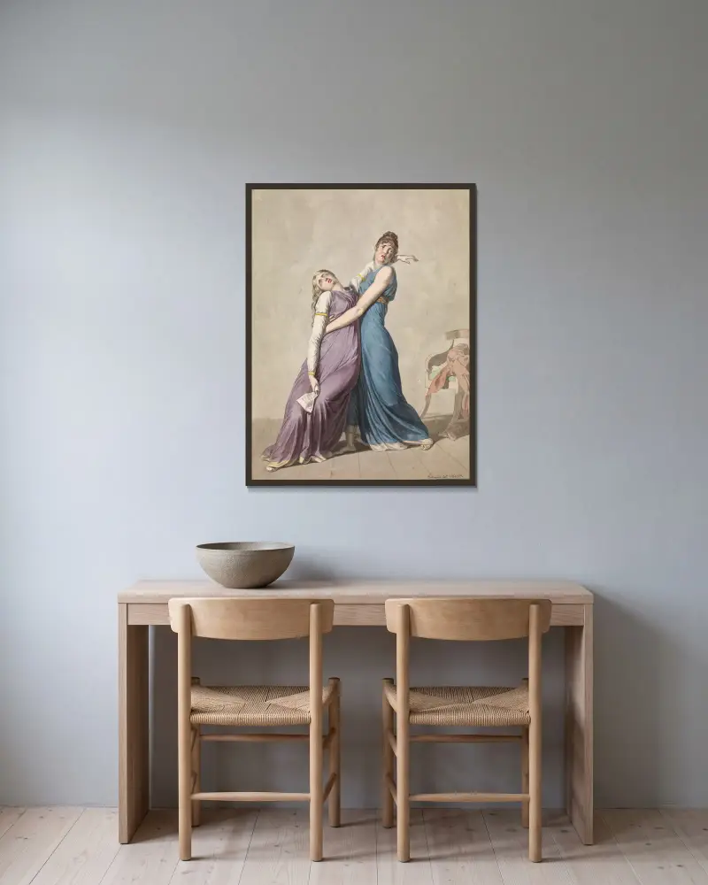 Eine Frau stützt eine andere Frau, die nach dem Lesen eines Briefes in Ohnmacht gefallen ist von Christoffer Wilhelm Eckersberg gerahmt an einer Wand