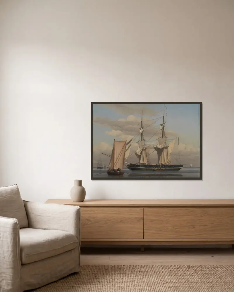An American Naval Brig Lying at Anchor while Her Sails Are Drying av Christoffer Wilhelm Eckersberg inramad på en vägg