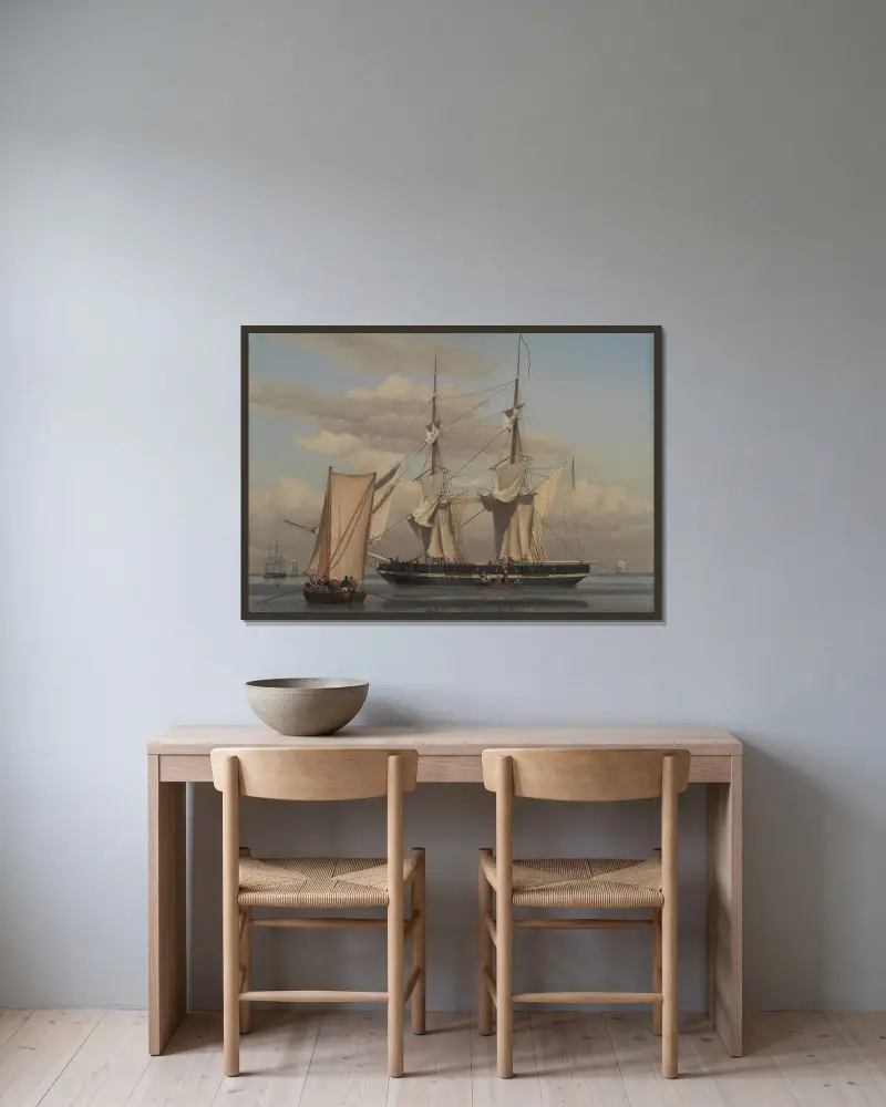 An American Naval Brig Lying at Anchor while Her Sails Are Drying av Christoffer Wilhelm Eckersberg inramad på en vägg