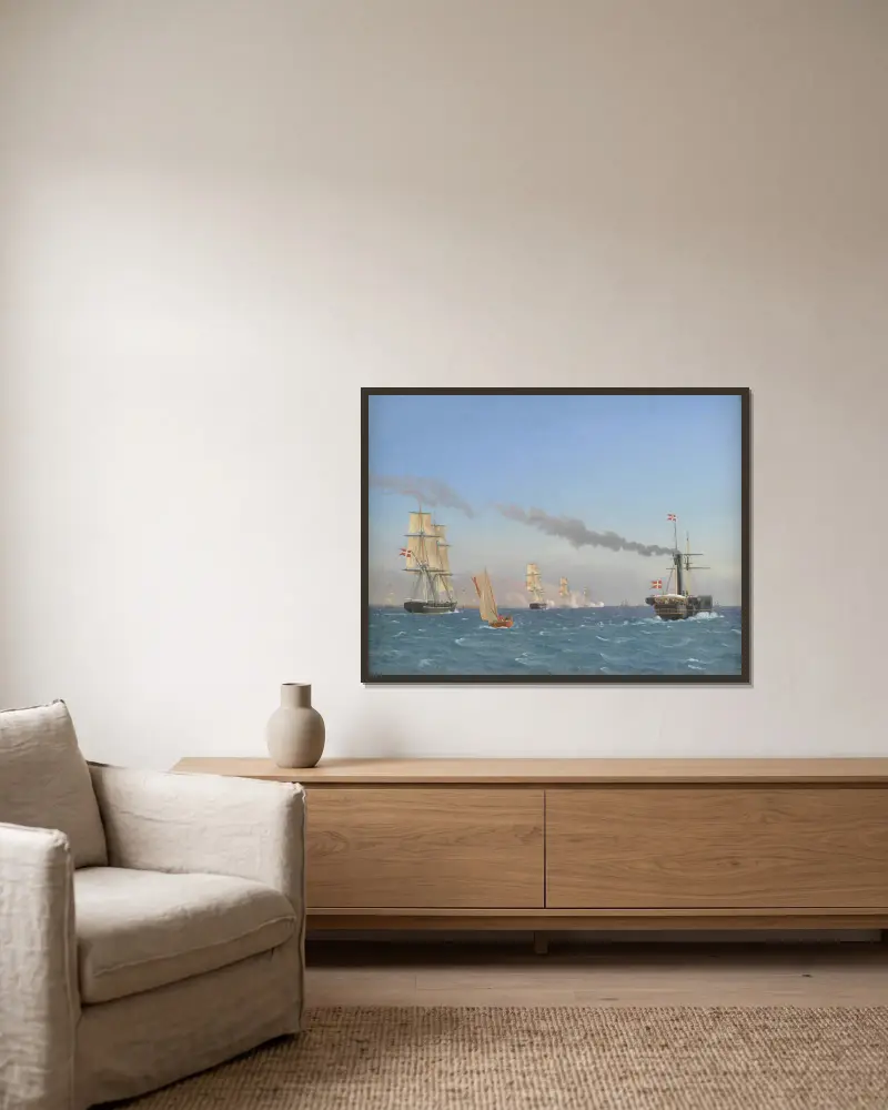 Christian VIII Aboard his Steamship ‘Ægir’ Watching the Manoeuvres of a Squadron near Copenhagen av Christoffer Wilhelm Eckersberg inramad på en vägg