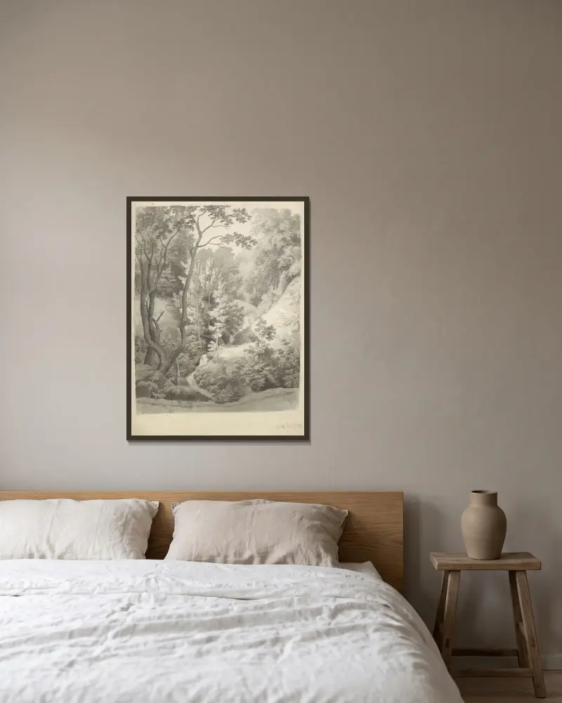 Djävulsklyftan i Liselunds trädgård på Møn av Christoffer Wilhelm Eckersberg inramad på en vägg