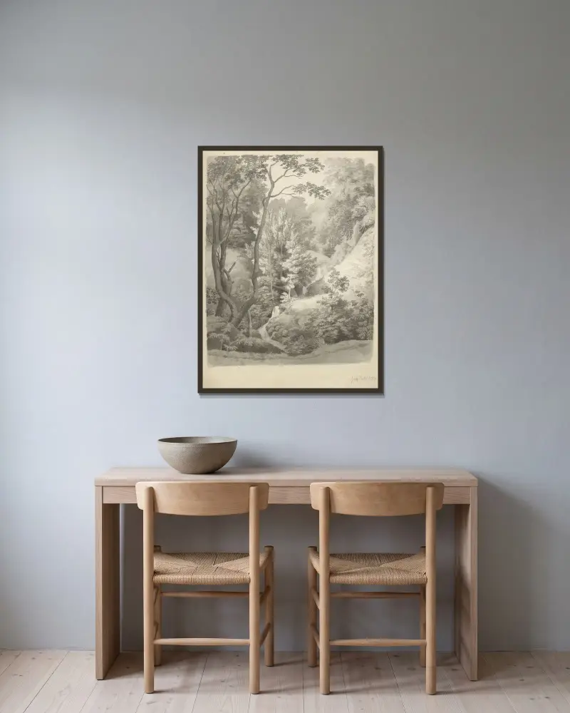 Djävulsklyftan i Liselunds trädgård på Møn av Christoffer Wilhelm Eckersberg inramad på en vägg