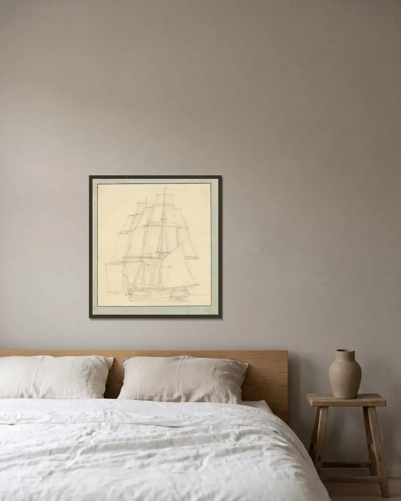 En brig med lättsegel av Christoffer Wilhelm Eckersberg inramad på en vägg