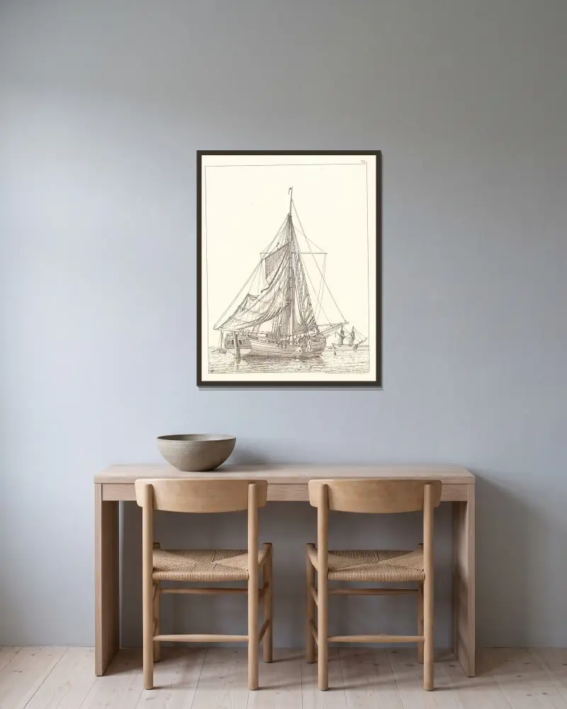 En dansk jakt som torkar segel i stiltje av Christoffer Wilhelm Eckersberg inramad på en vägg