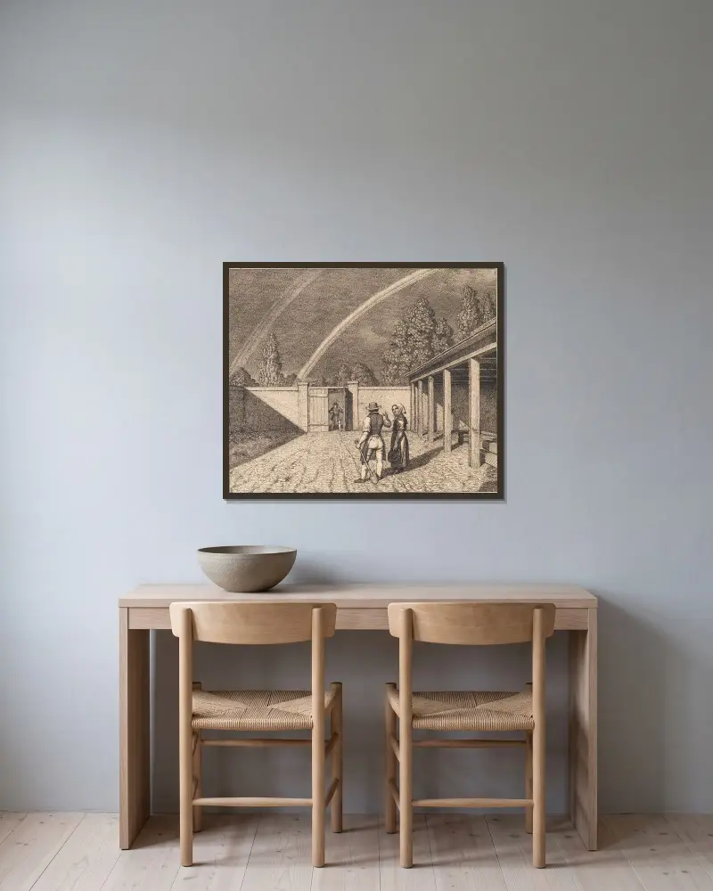 En dubbel regnbåge. Illustration till linjärperspektivet, tavla V av Christoffer Wilhelm Eckersberg inramad på en vägg