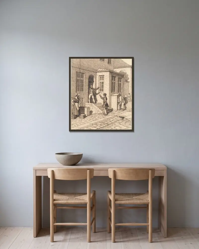 En gatascen – illustration till linjärperspektivet, tavla VII av Christoffer Wilhelm Eckersberg inramad på en vägg