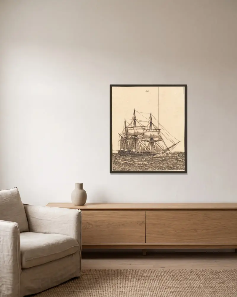 En korvet for fulde sejl Illustration til Linearperspectiven , Tavle X av Christoffer Wilhelm Eckersberg inramad på en vägg