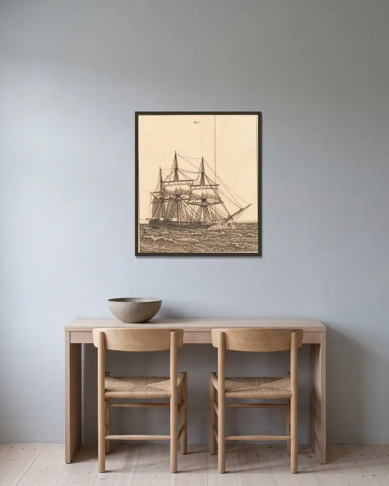 En korvet for fulde sejl Illustration til Linearperspectiven , Tavle X av Christoffer Wilhelm Eckersberg inramad på en vägg