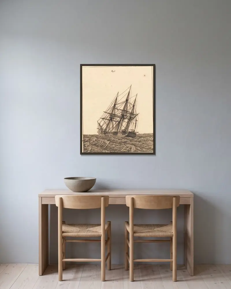 En korvet i storm (illustration till linjärperspektivet, tavla X) av Christoffer Wilhelm Eckersberg inramad på en vägg