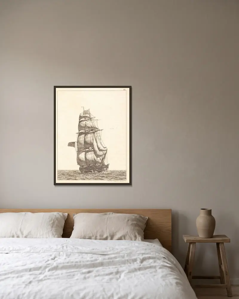 En nordamerikansk brig 2 av Christoffer Wilhelm Eckersberg inramad på en vägg