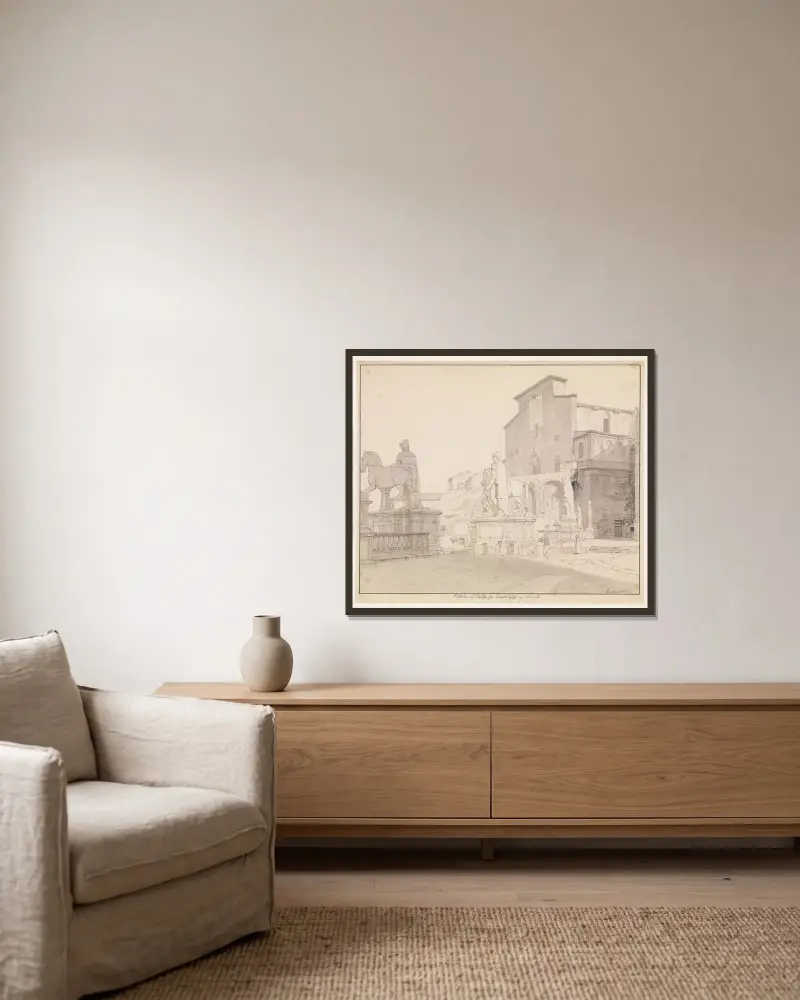En del av Piazza del Campidoglio mot balustraden med Dioskurerna och kyrkan S Maria in Aracoeli av Christoffer Wilhelm Eckersberg inramad på en vägg